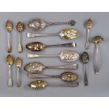 13 assorted hallmarked silver berry spoons - Approx weight: 592g together with another.