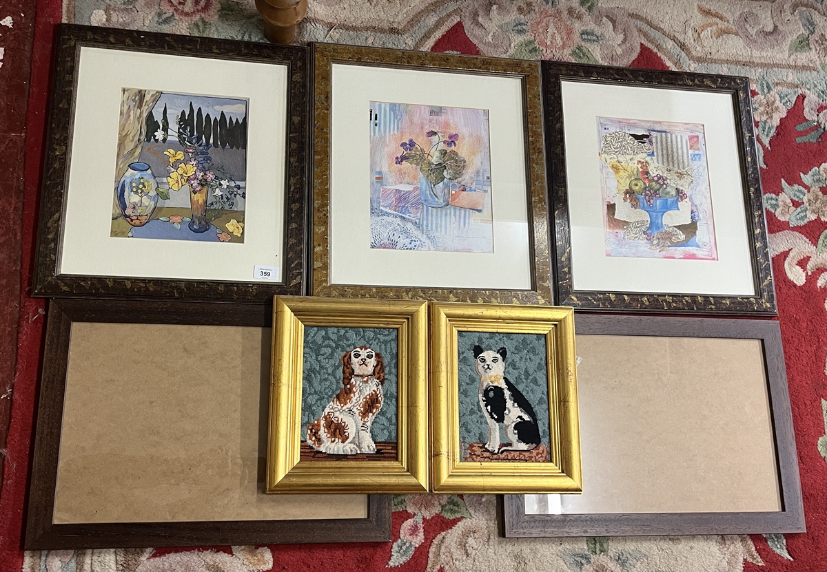 Collection of pictures and frames together with 2 framed cross stich pictures