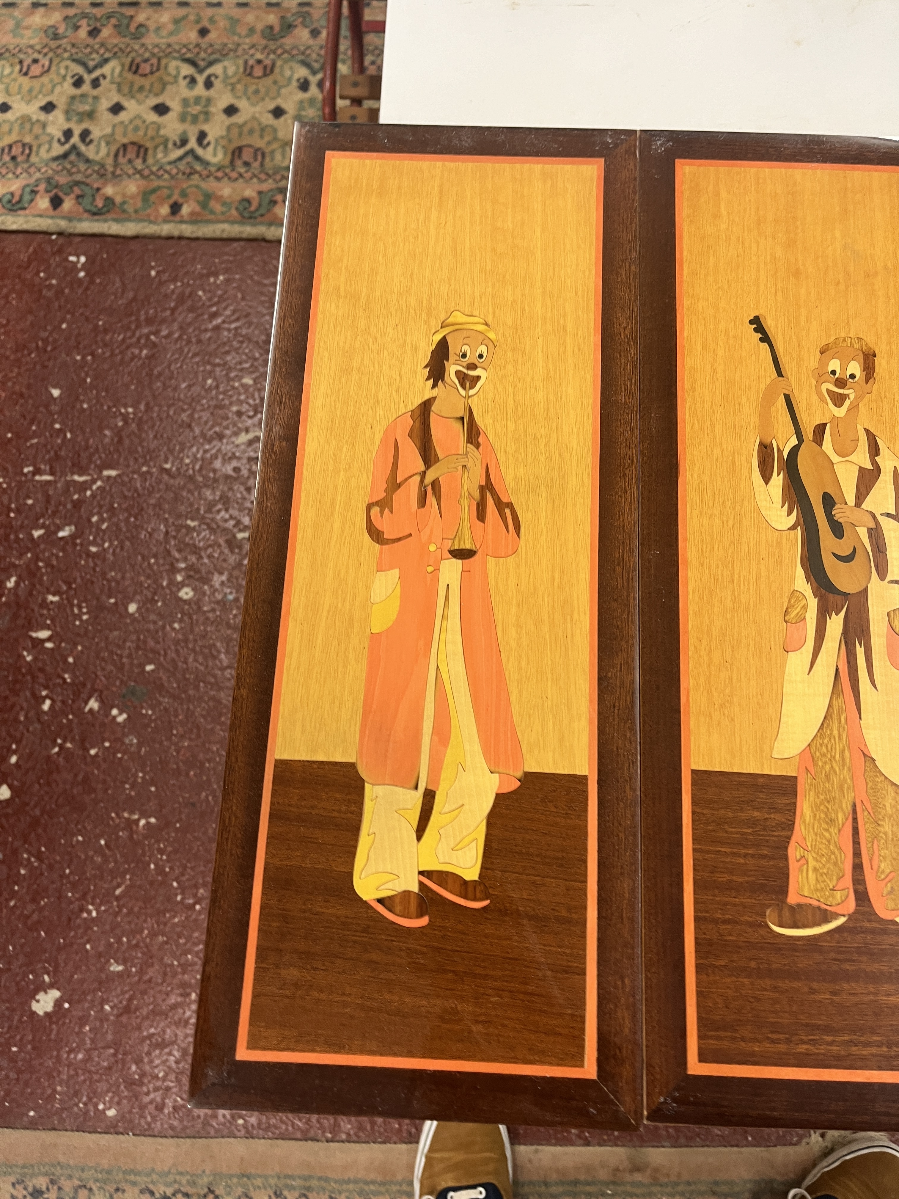 Set of 6 Italian marquetry wooden pictures of clowns - Image 7 of 7