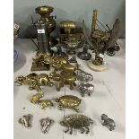 Collection of brass animals, mainly elephants