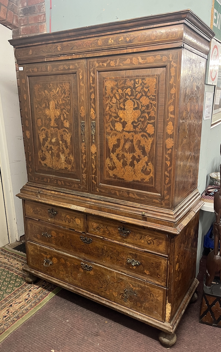 Early Dutch marquetry cabinet A/F - Approx size: W: 132cm D: 59cm H: 192cm