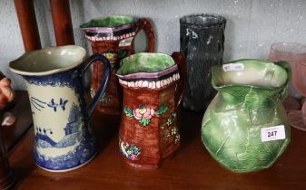 Collection of ceramic jugs to include a glass vase