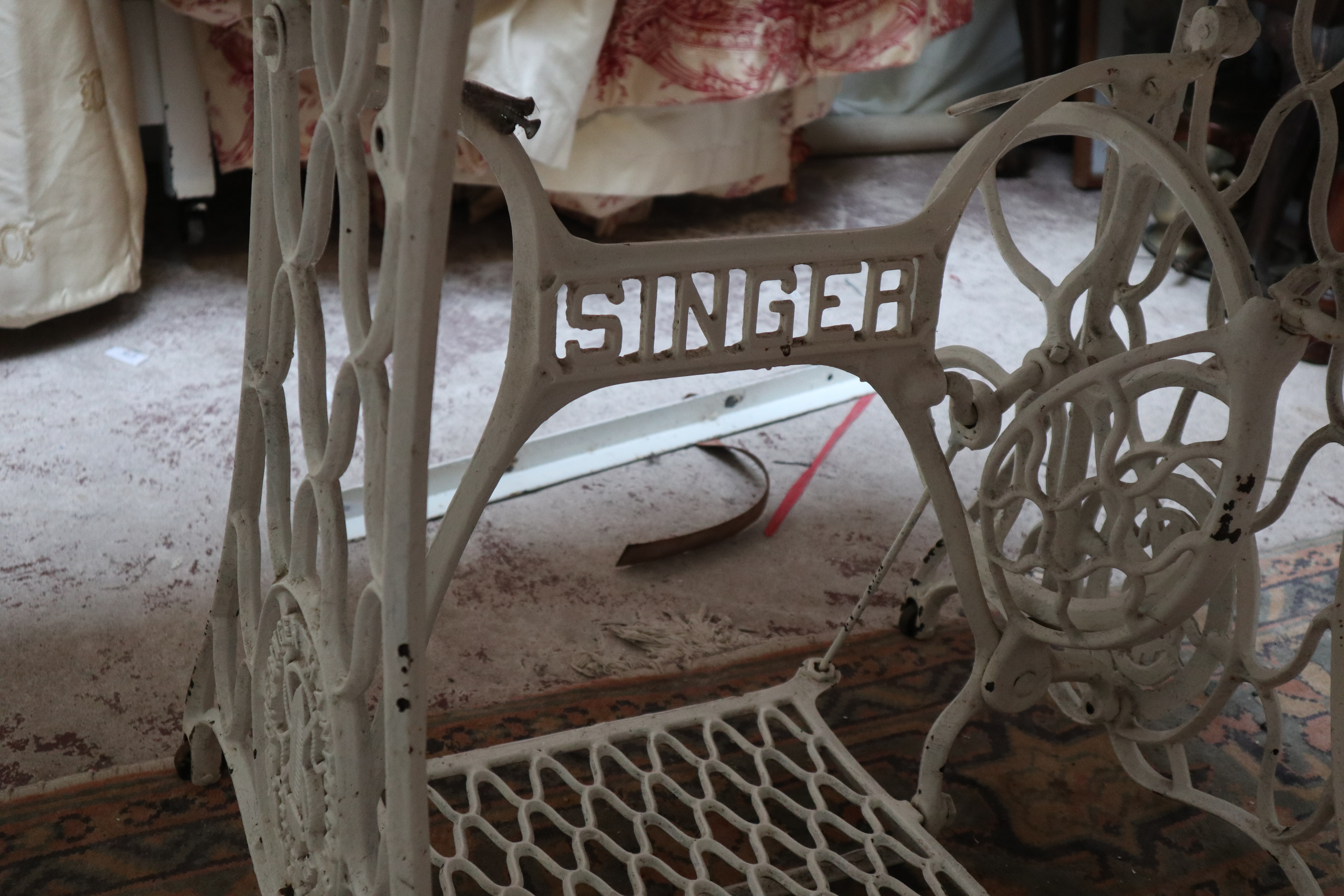 Singer sewing machine base converted to table with marble top - Image 3 of 5