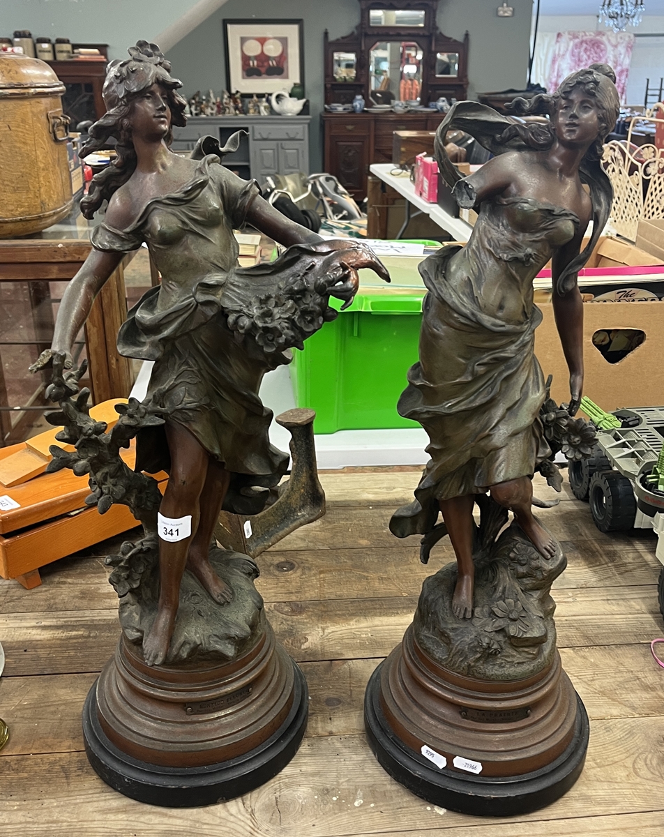 2 large spelter statues A/F - August Moreau style - Approx height of tallest: 65cm