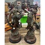 2 large spelter statues A/F - August Moreau style - Approx height of tallest: 65cm