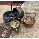 Brass spirit kettle together with a copper kettle and coal scuttle