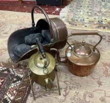 Brass spirit kettle together with a copper kettle and coal scuttle