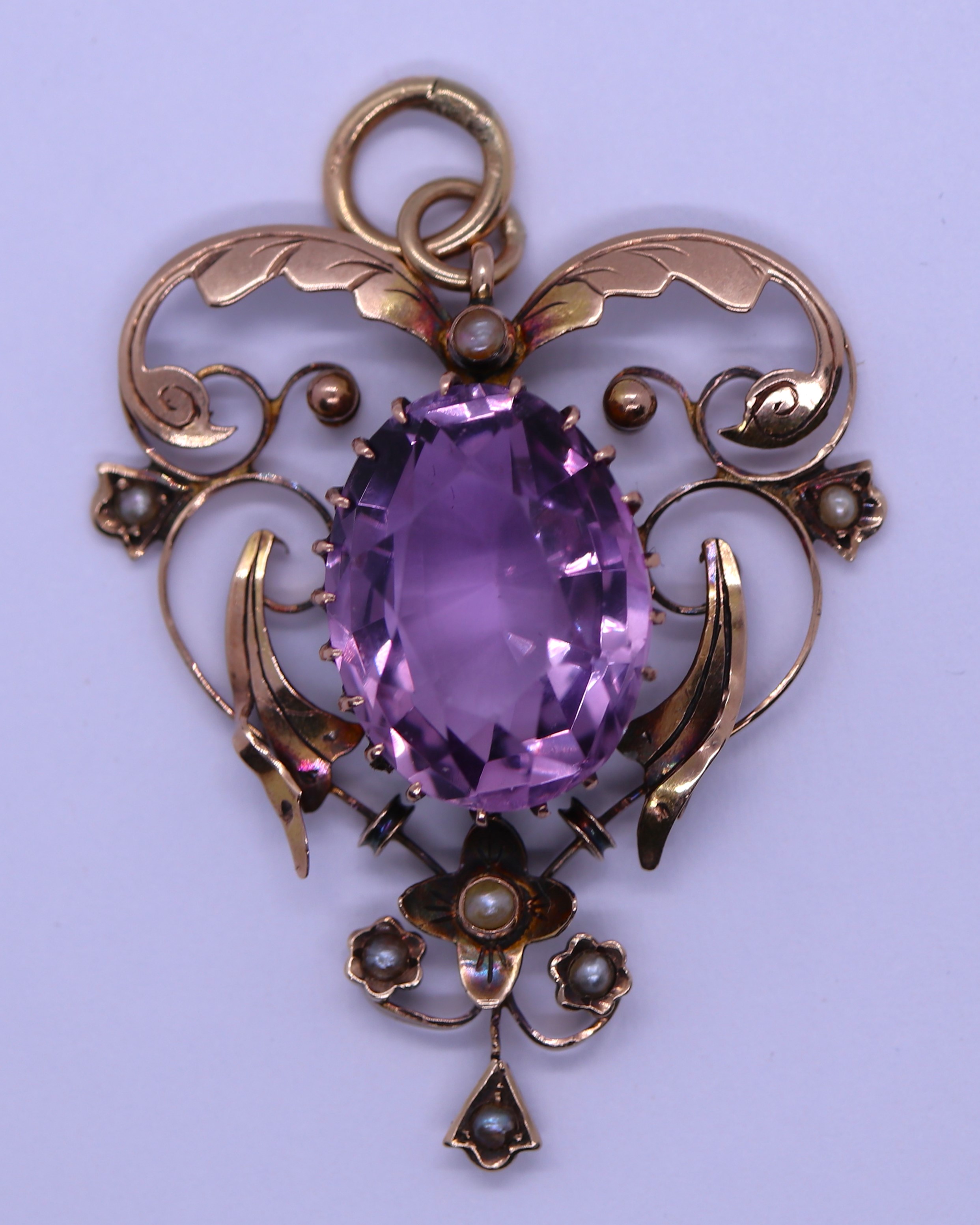 Antique 9ct gold amethyst & pearl set pendent - Image 2 of 3