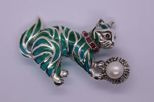 Silver enamel, ruby & pearl set cat brooch