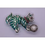 Silver enamel, ruby & pearl set cat brooch