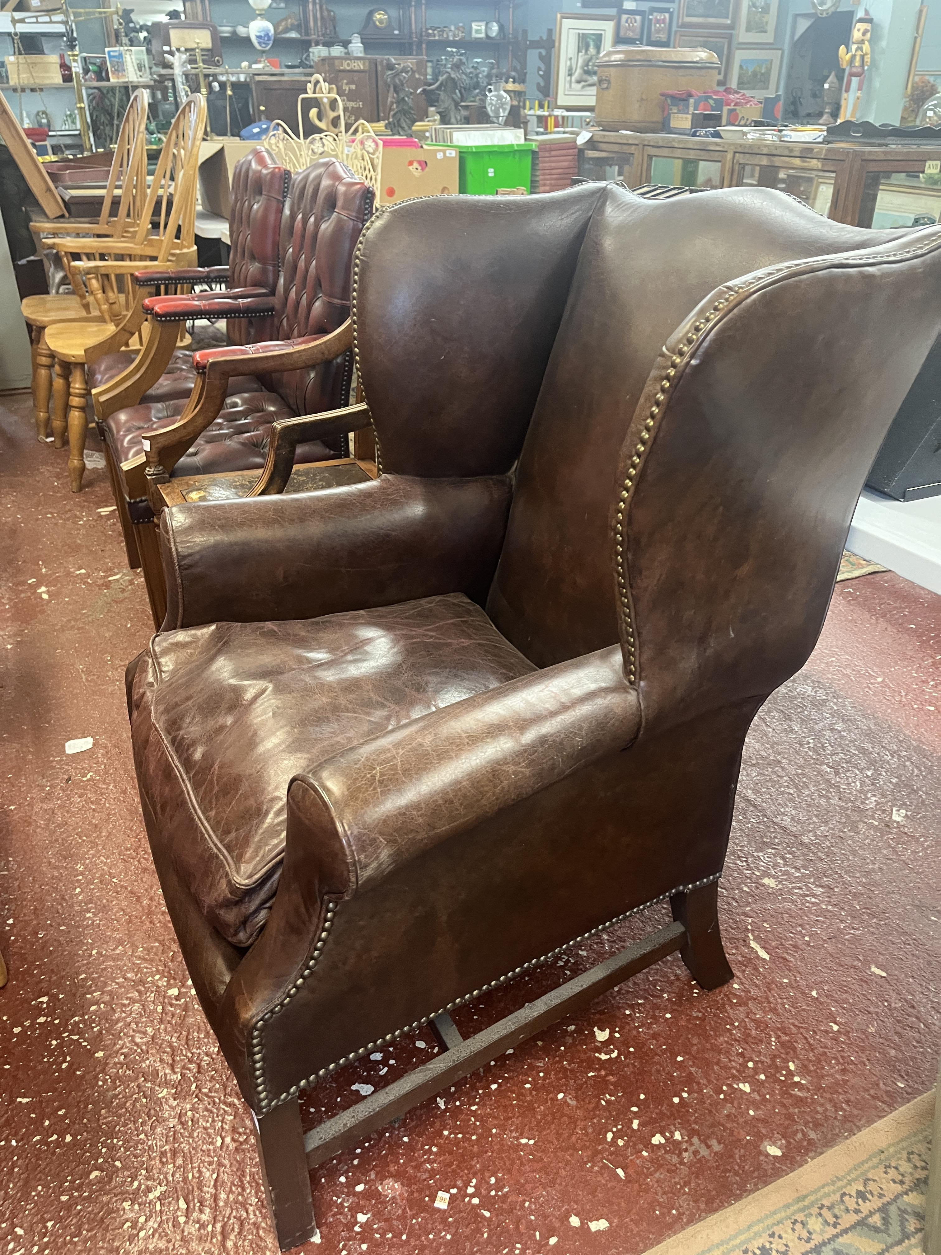 Brown leather wing back armchair - Image 3 of 3