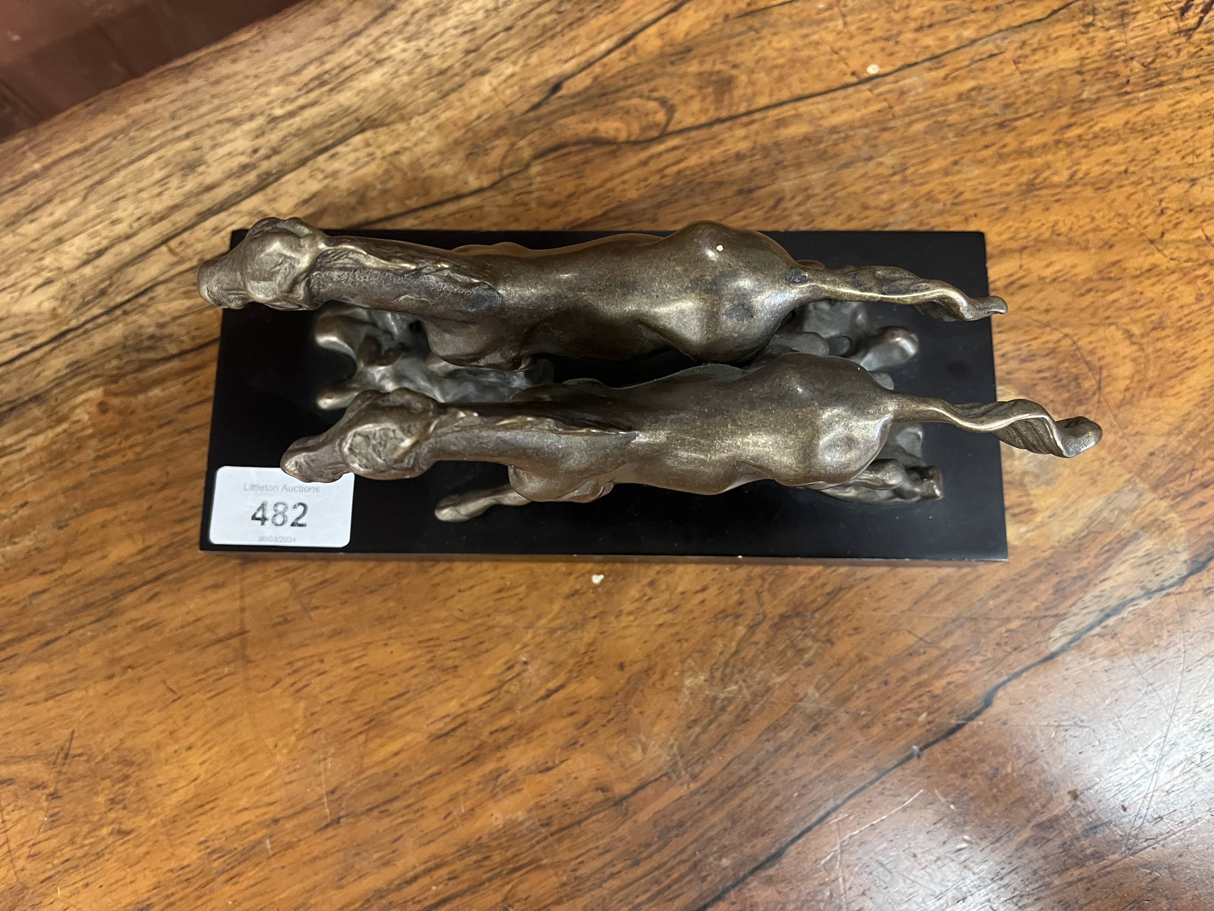 Bronze sculpture of 2 running horses on base - Image 2 of 3