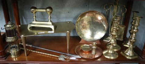 Good collection of brassware to include miners lamp