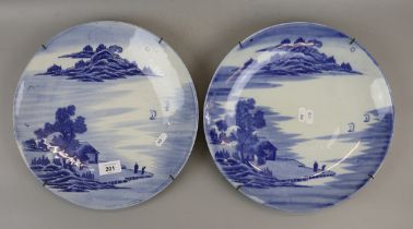 2 blue and white Oriental wall plates