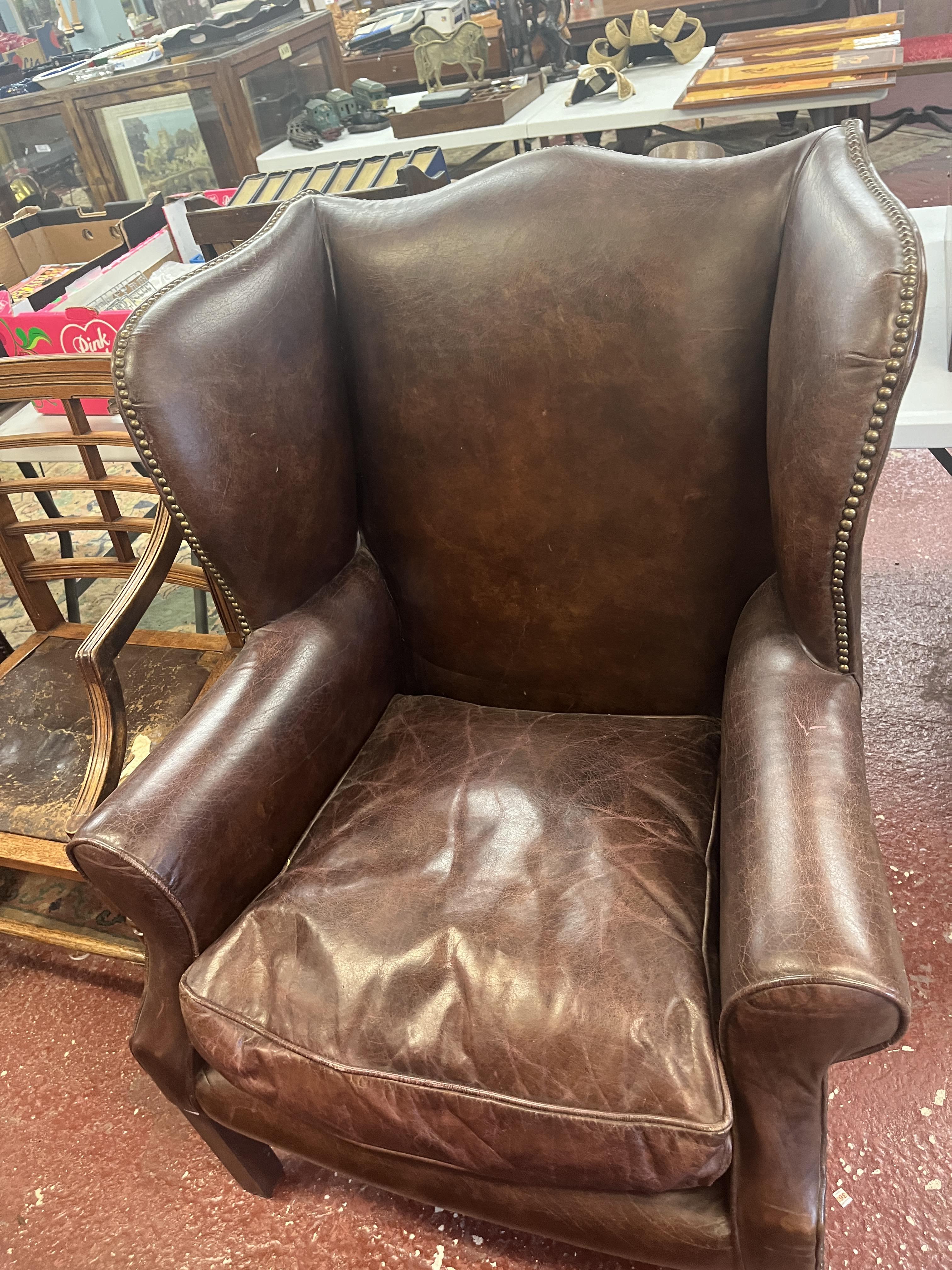 Brown leather wing back armchair - Image 2 of 3