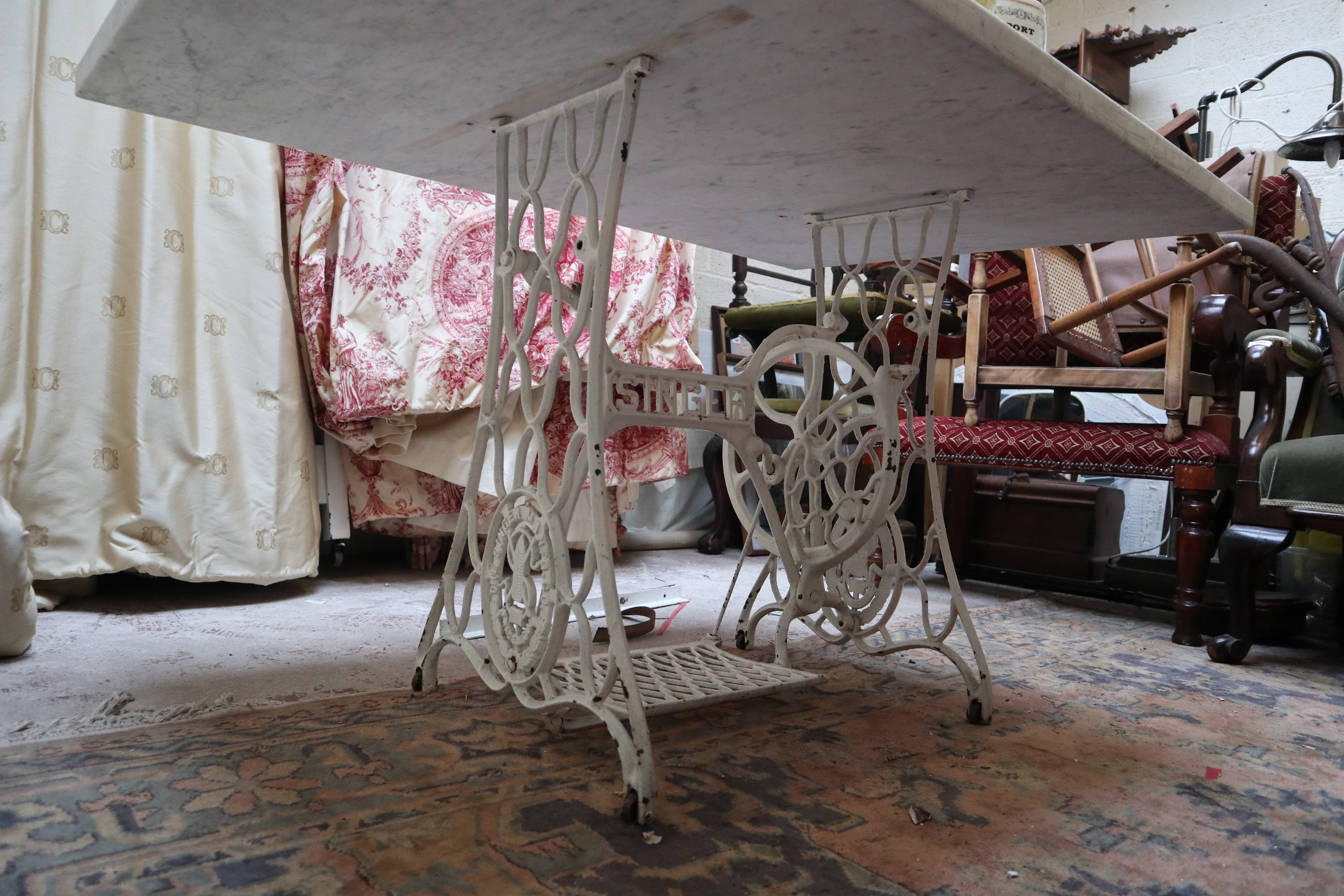 Singer sewing machine base converted to table with marble top - Image 2 of 5