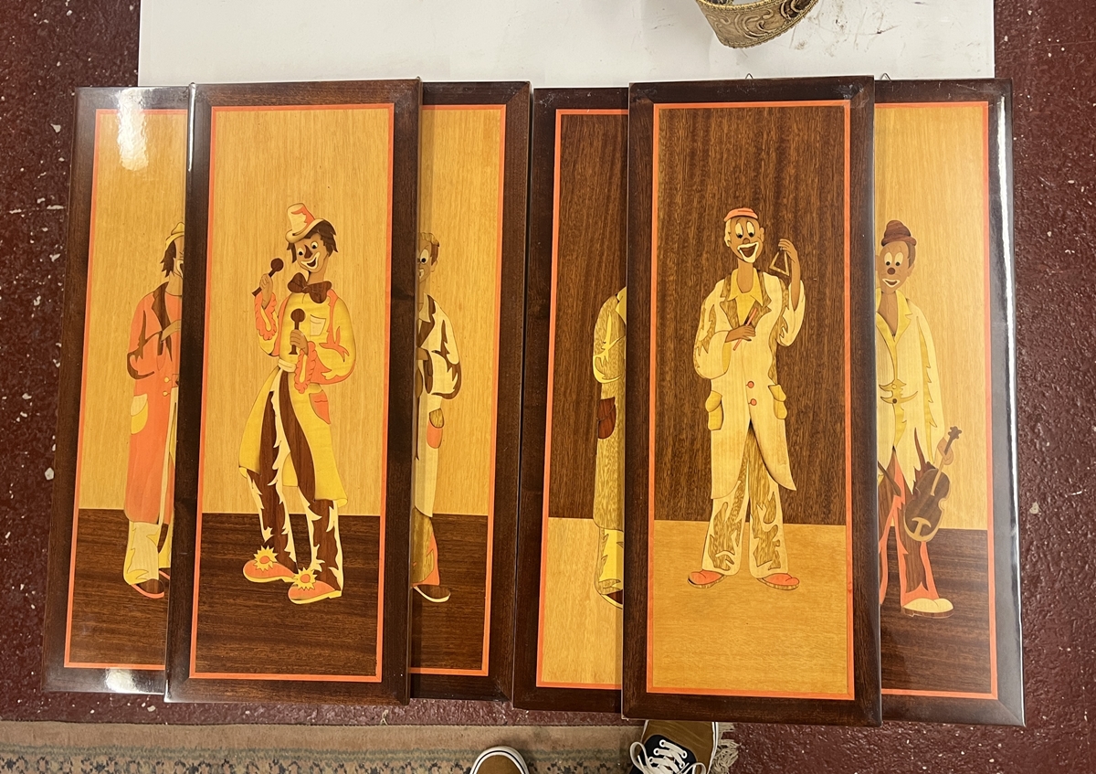 Set of 6 Italian marquetry wooden pictures of clowns