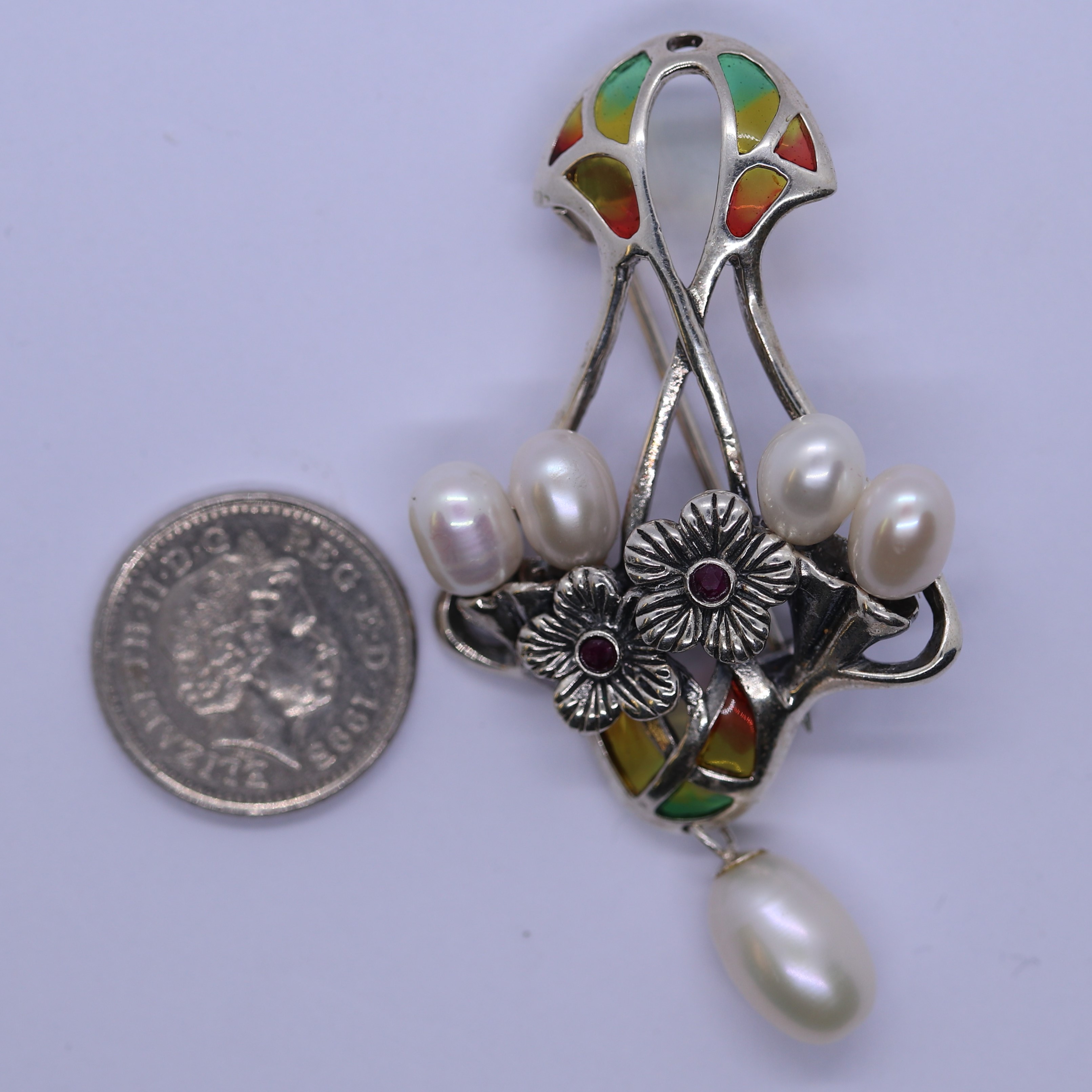 Silver enamel, pearl & stone set brooch - Image 2 of 2