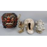 2 face masks together with a sculpture and incense burners