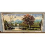 Large framed oil on canvas river and mountain scene indistinct signature - Approx image size: