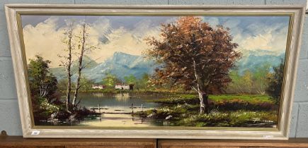 Large framed oil on canvas river and mountain scene indistinct signature - Approx image size: