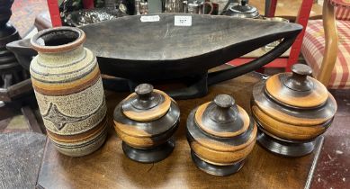 Interesting African bowl together with a pot and 3 lidded wooden urns