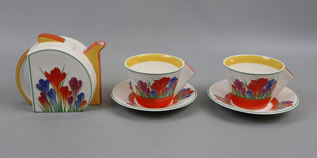 Wedgwood Clarice Cliff design Tea for Two Crocus teapot together with 2 cups and saucers