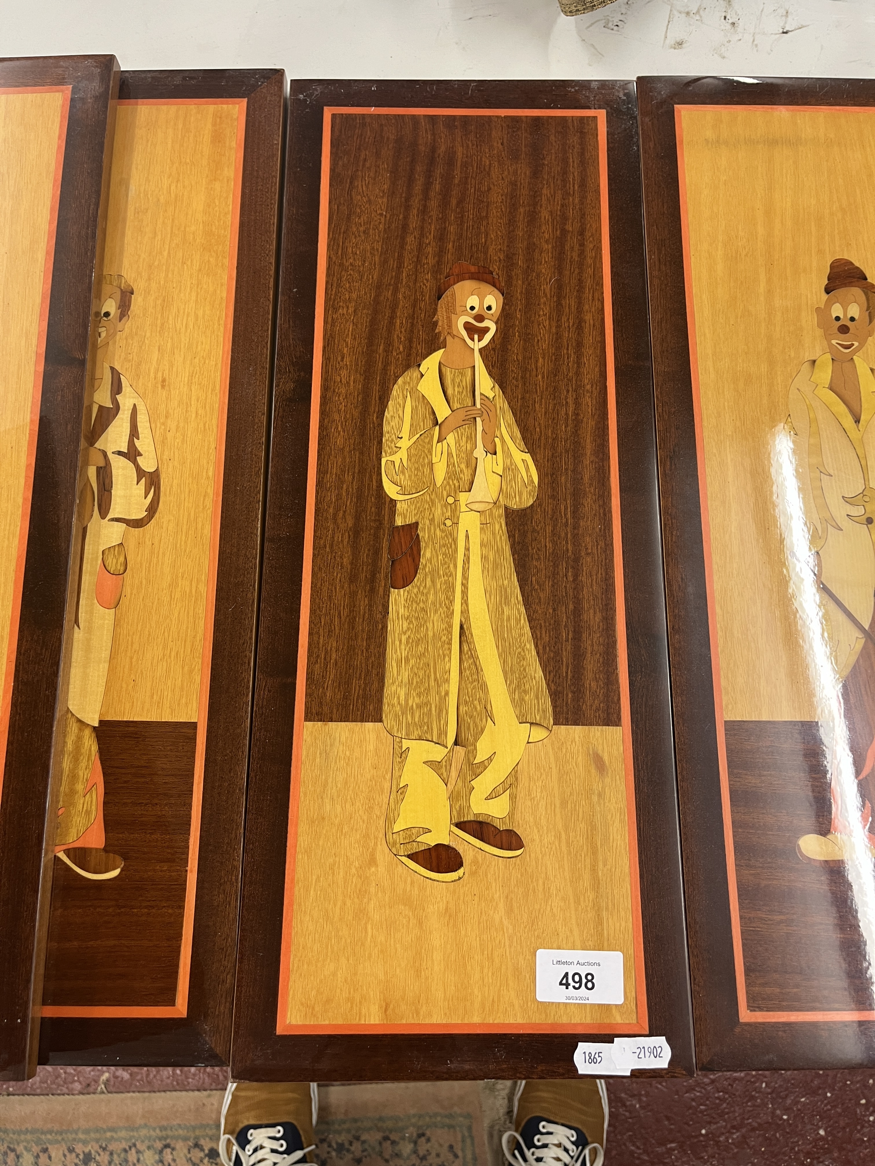 Set of 6 Italian marquetry wooden pictures of clowns - Image 4 of 7