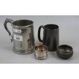 2 pewter tankards together with a small hallmarked silver cup