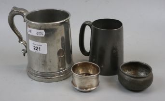 2 pewter tankards together with a small hallmarked silver cup