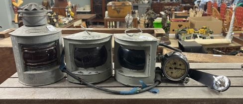 3 ships lights to include Bakboord together with a vintage knotmaster speedometer