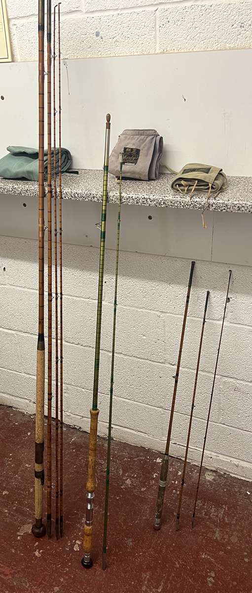 Hardy 4 piece split cane salmon fishing rod together with a Hardy rod and another