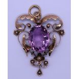 Antique 9ct gold amethyst & pearl set pendent