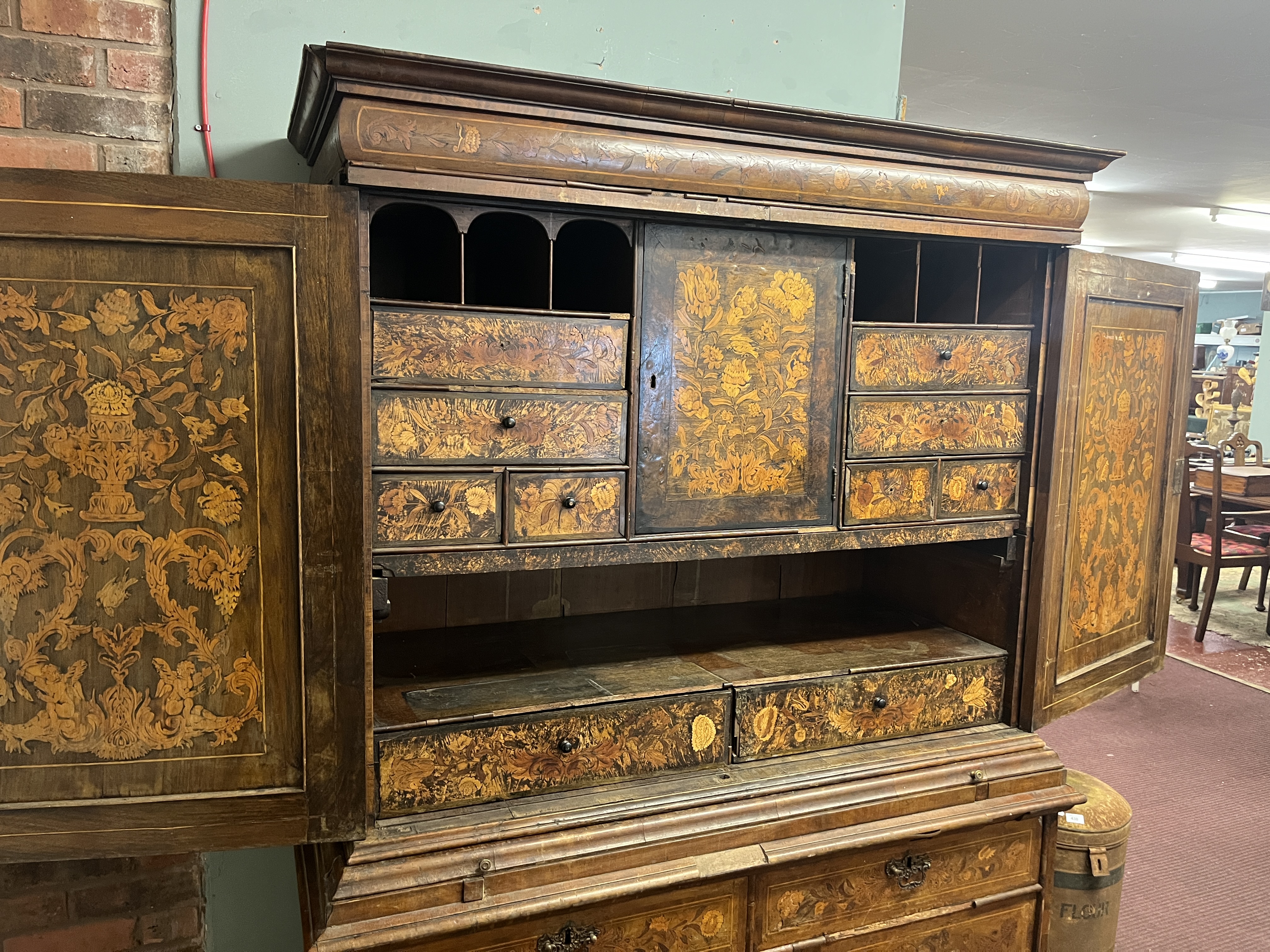 Early Dutch marquetry cabinet A/F - Approx size: W: 132cm D: 59cm H: 192cm - Image 6 of 25