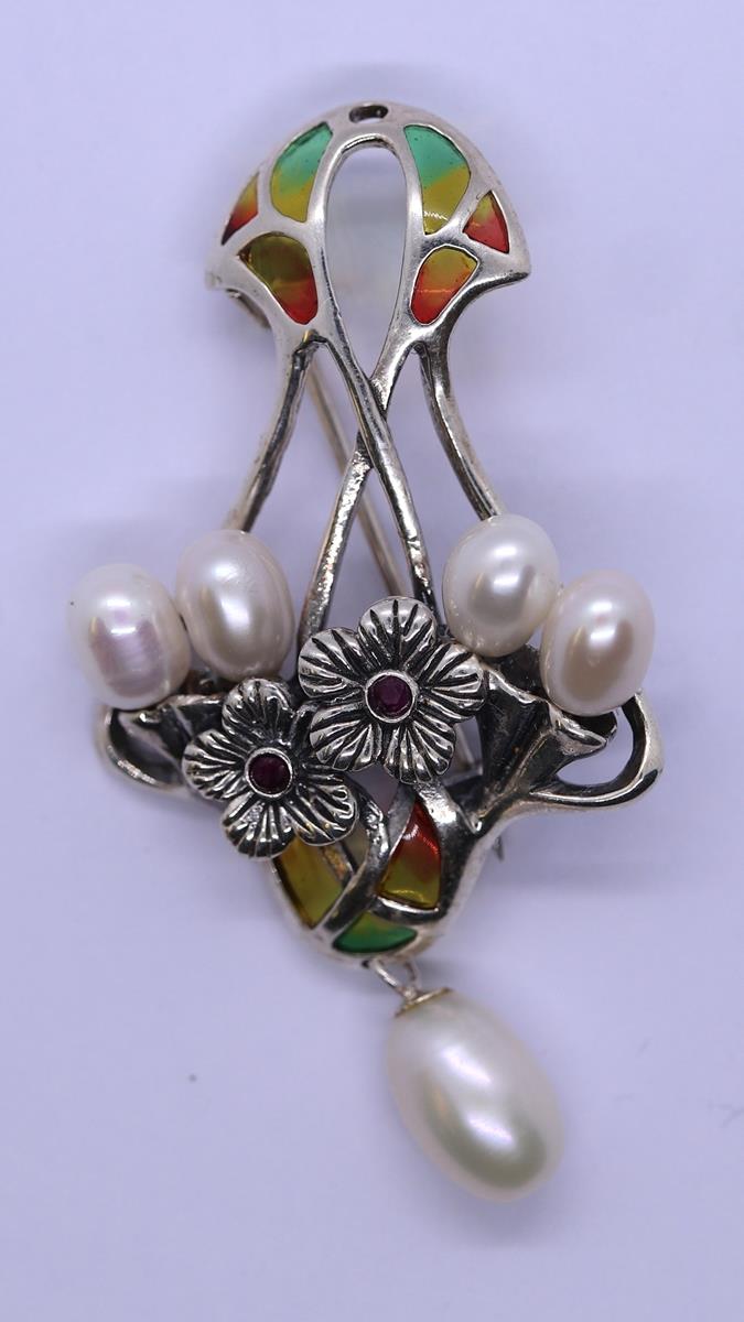 Silver enamel, pearl & stone set brooch