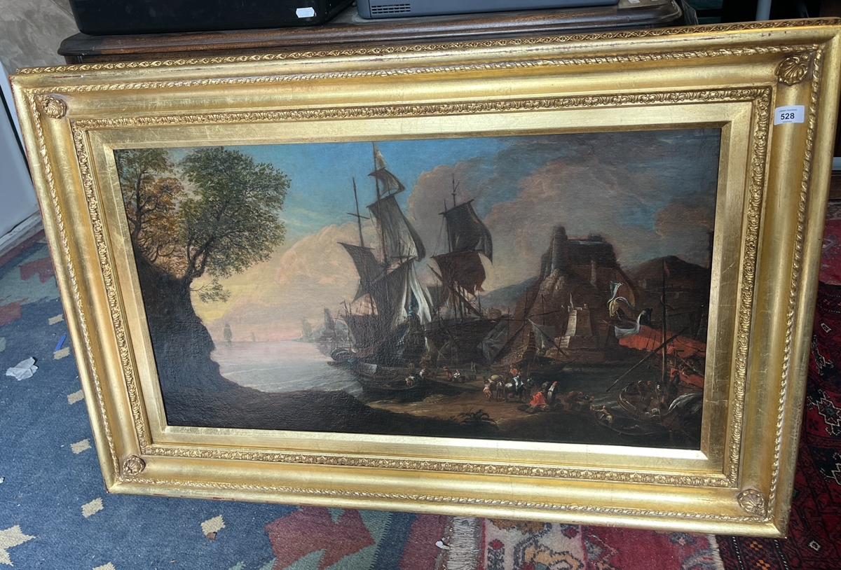 19thC Continental school oil on canvas - Busy harbour scene - Approx image size: 86cm x 48cm