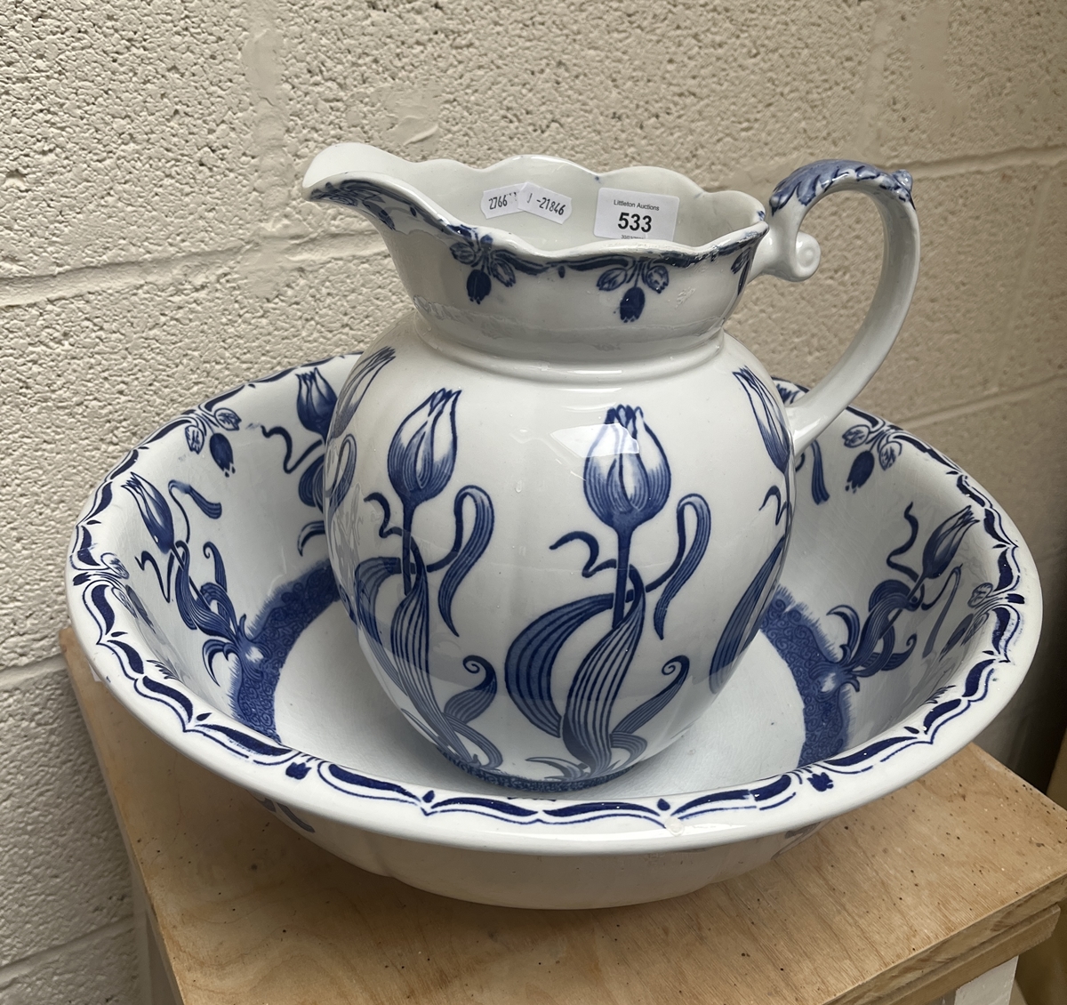 Vintage Art Nouveau blue and white floral jug and washbowl set