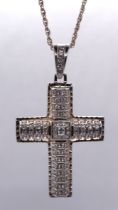 Large silver stone set cross on silver chain