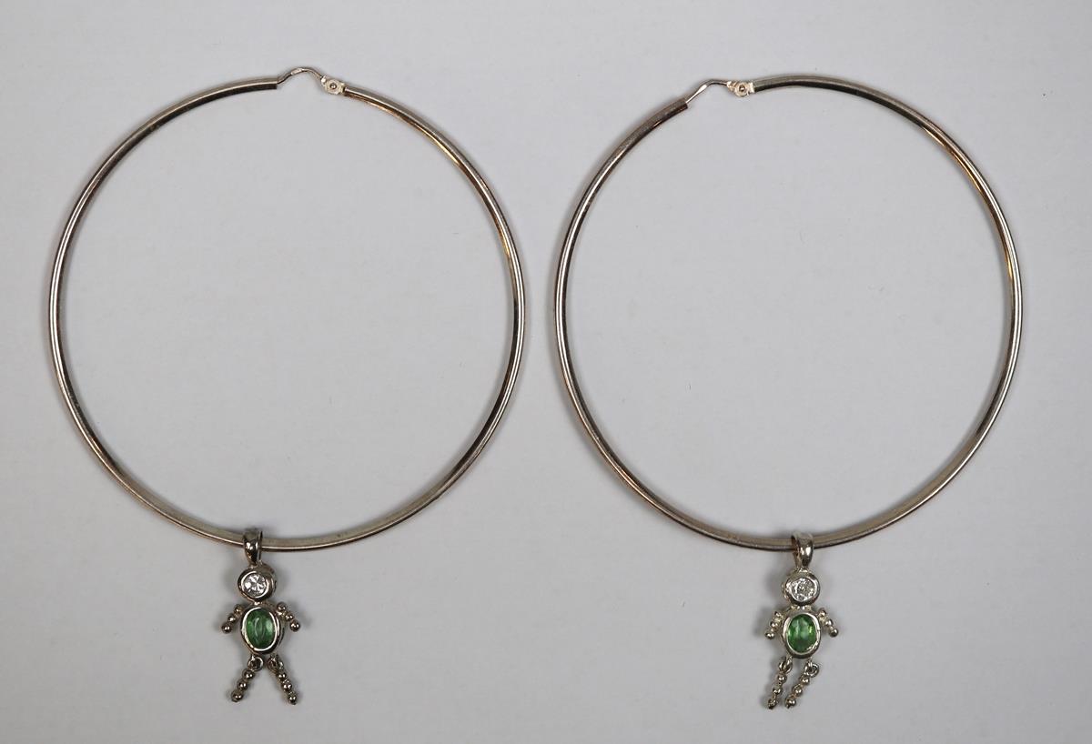 Pair of large silver stone set hoop earrings