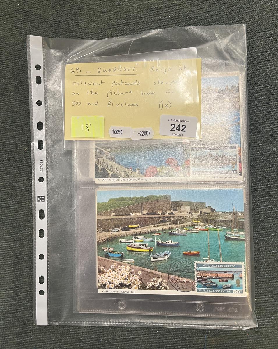 Postcards - Great Britain. Guernsey range of postcards with relevant stamps to £1 franked picture