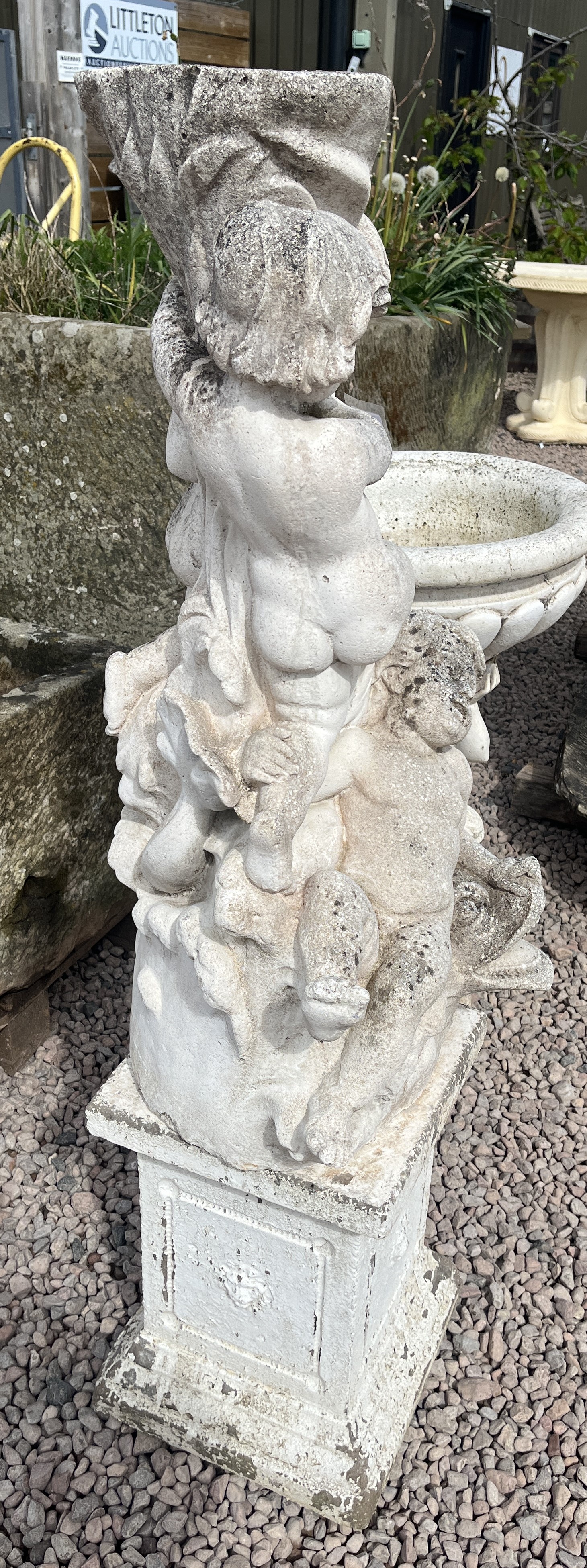 Stone pedestal adorned with cherubs and dolphins on stone base - Approx height: 138cm - Image 2 of 2
