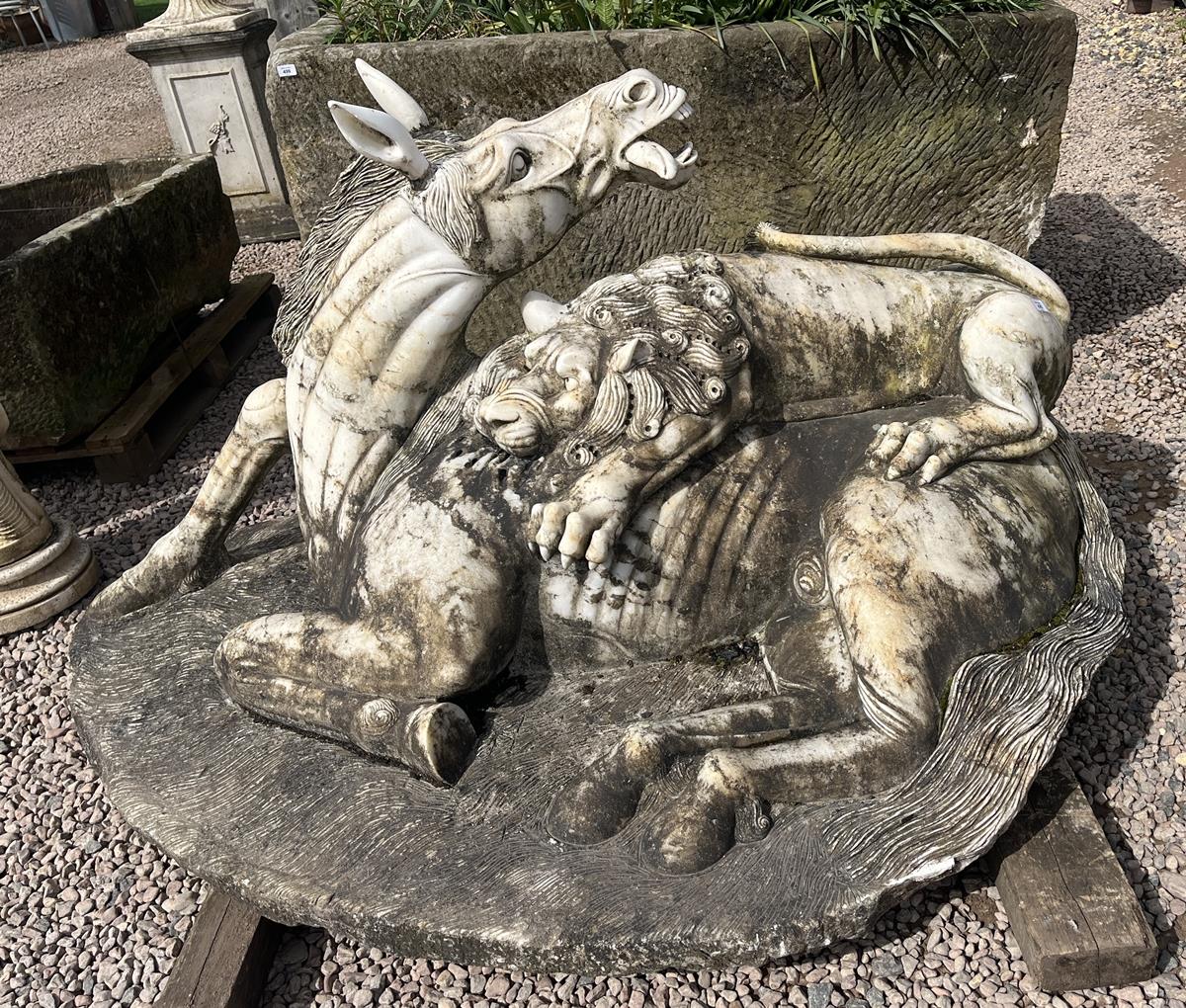 Impressive and large marble fountain centre piece - Horse being attacked by a lion after Ruggero