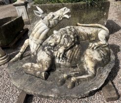 Impressive and large marble fountain centre piece - Horse being attacked by a lion after Ruggero