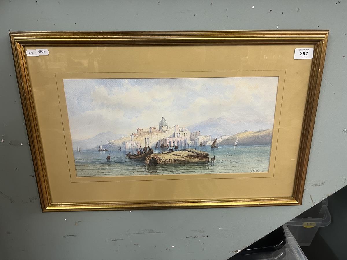 Watercolour by F Catano - Bay of Naples - Approx image size: 44cm x 23cm