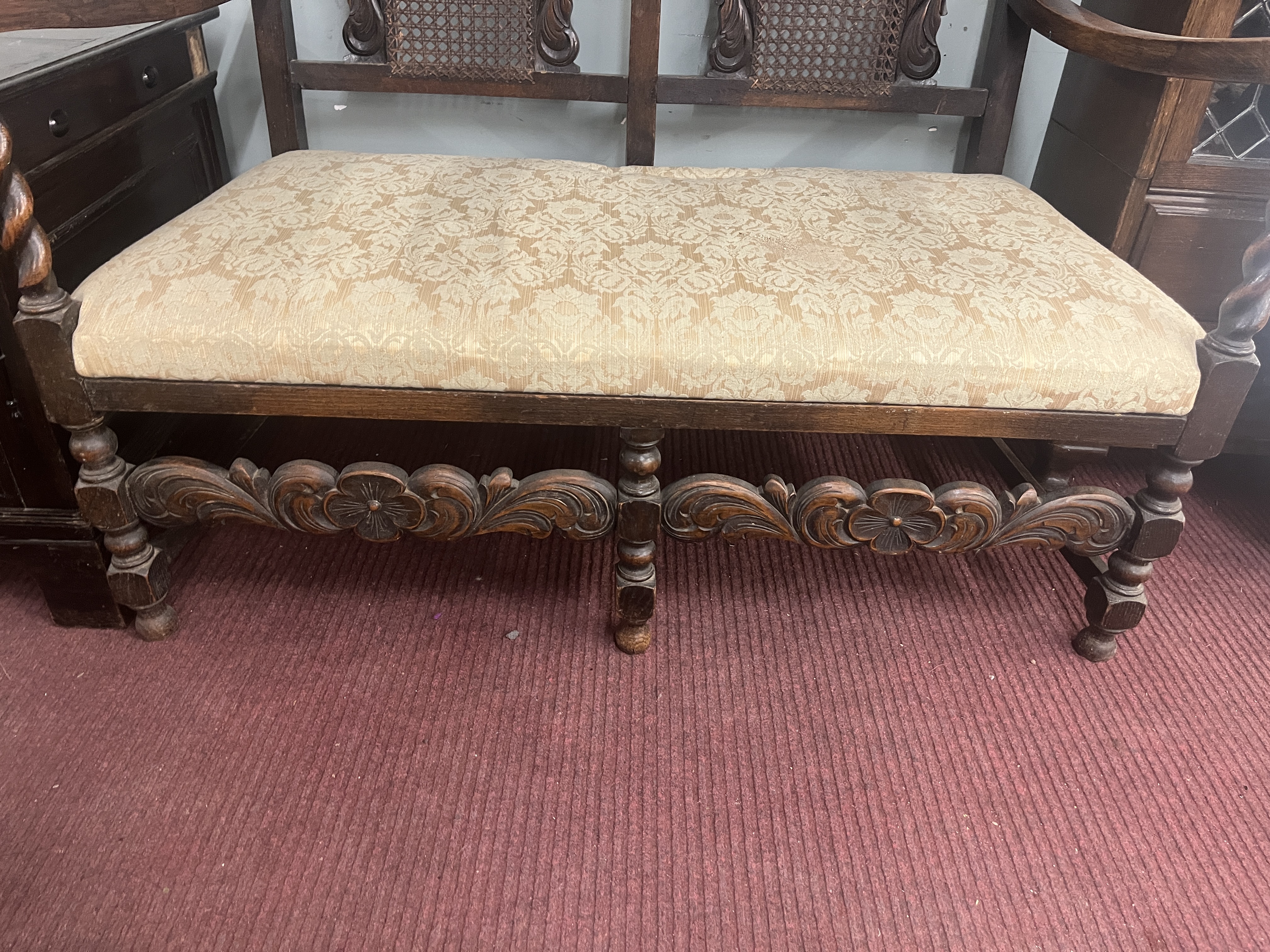 Late 19th to early 20th century Jacobean style carved rail hall bench with bergère back - Image 4 of 4