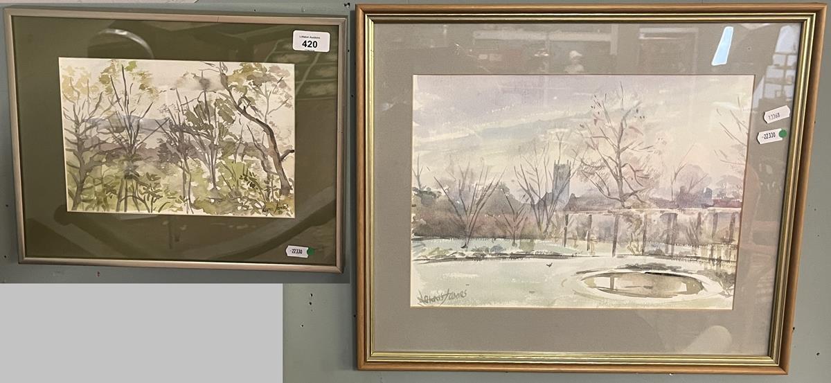 Watercolour by Denis James together with another by his daughter, Karen James