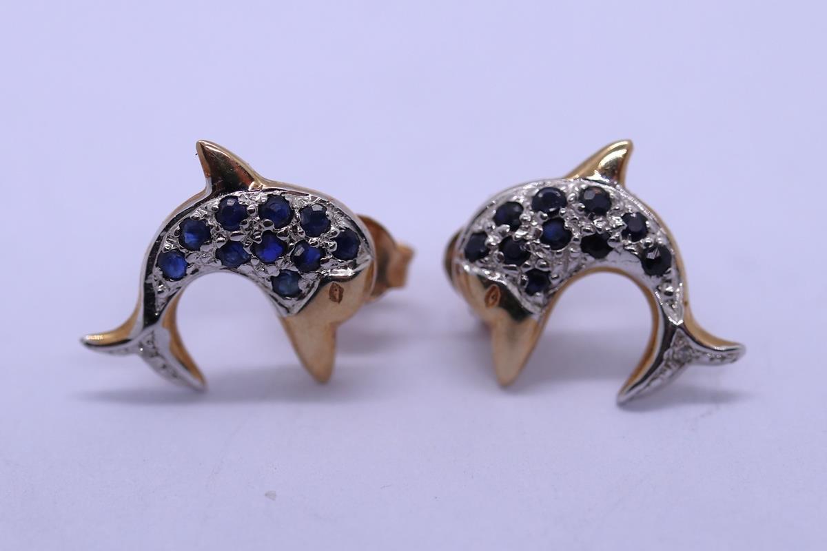 9ct gold sapphire & diamond dolphin earrings