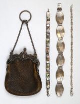 2 silver bracelets, 1 silver bracelet with Abalone inlay together with purse with silver chain and