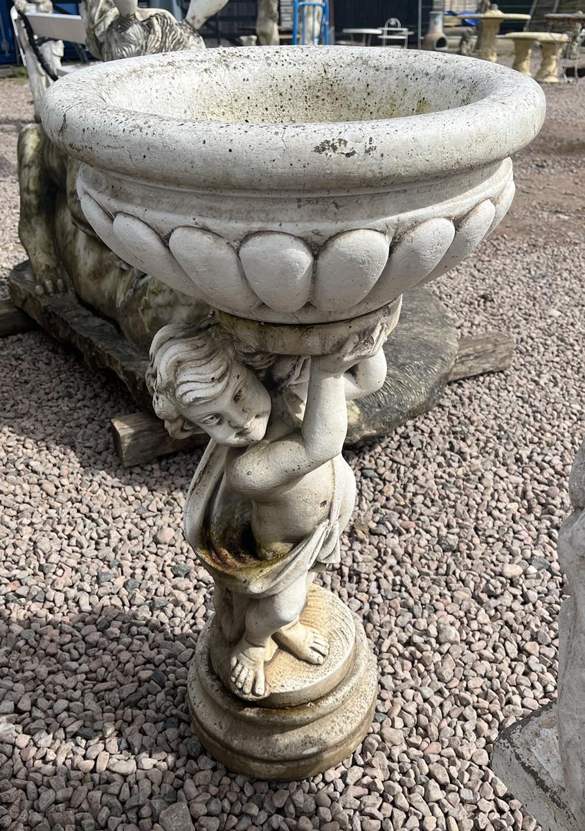 Cherub themed stone planter - Approx height: 93cm