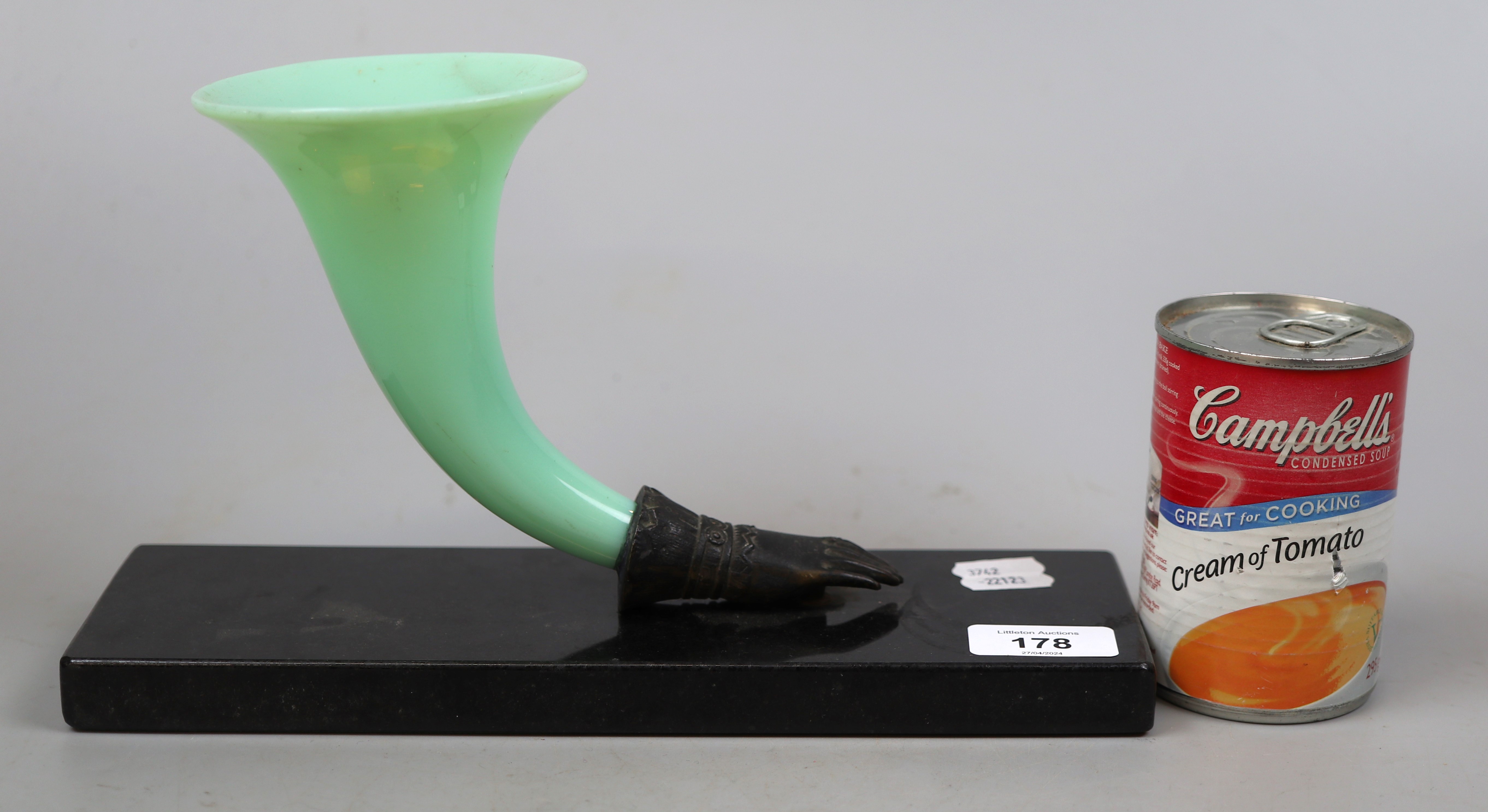 Green glass cornucopia vase on marble base - Image 2 of 5